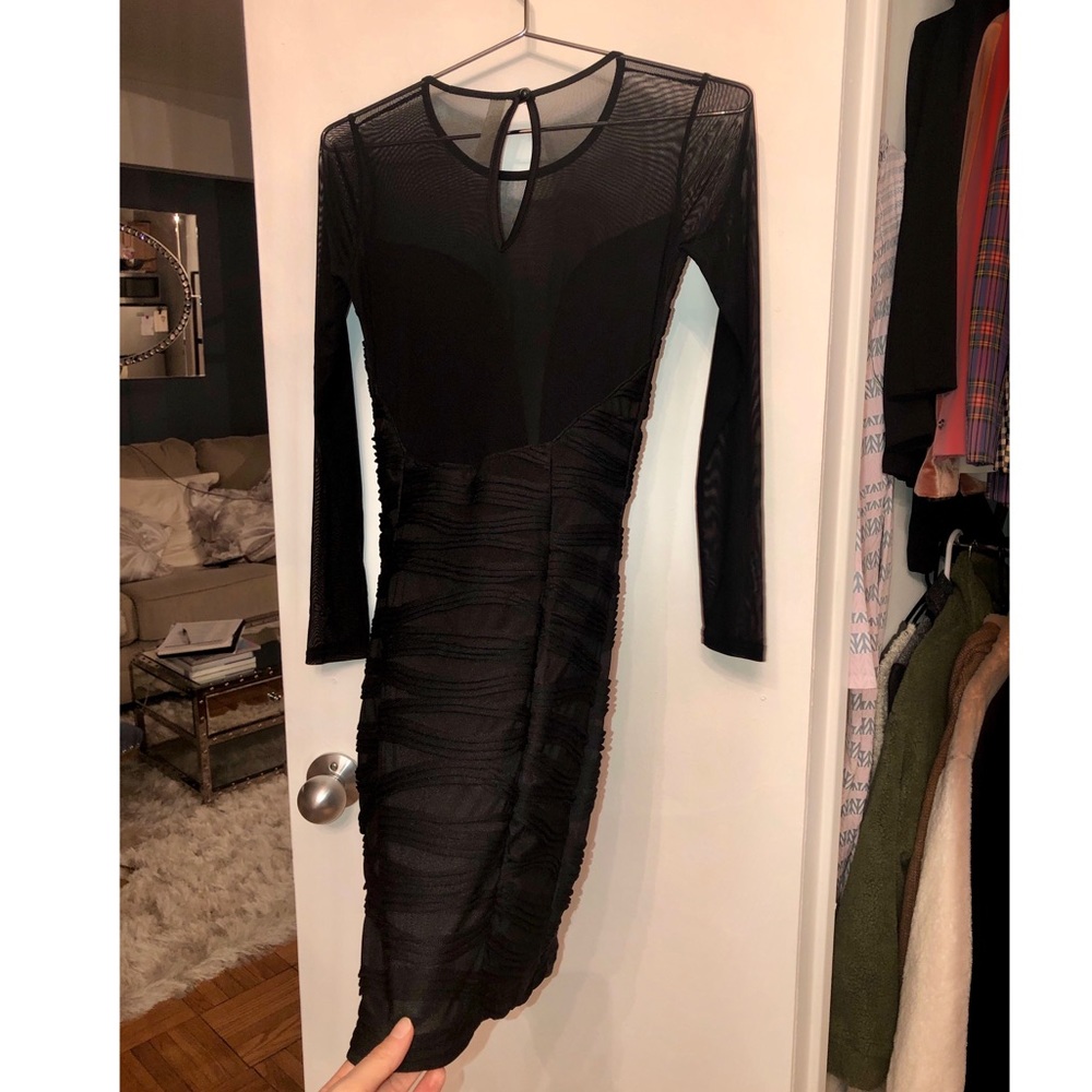 Nasty Gal black plunging mesh dress with ruching - Picture 6 of 8